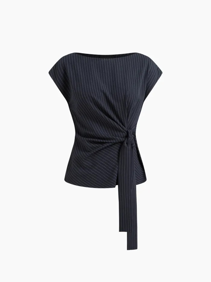 Boat Neck Stripe Knotted Oversized Top